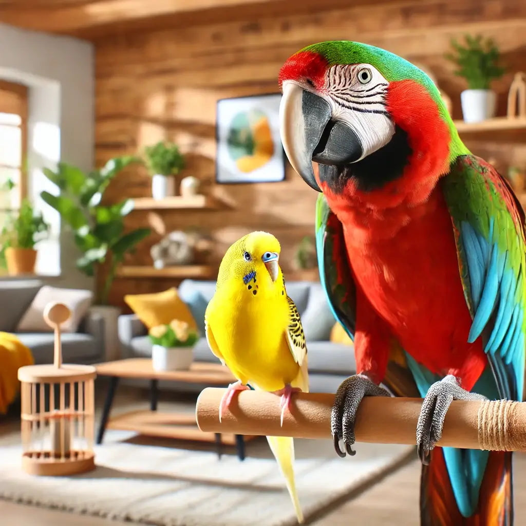 large parrot next to a small bird pets